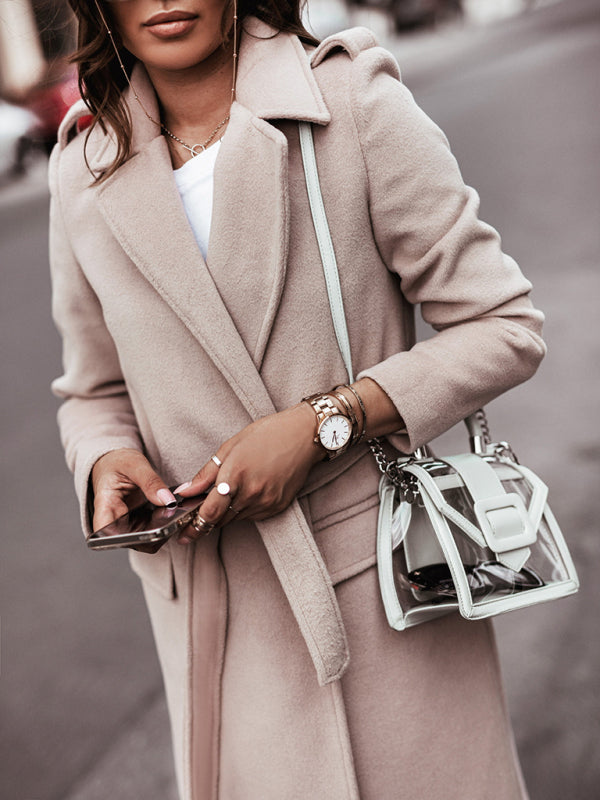 Marlene Damen Langer Wickelmantel mit Reverskragen und Bindegürtel – Beige