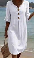 Marlene | Midikleid mit Holzknöpfen und Rüschenärmeln