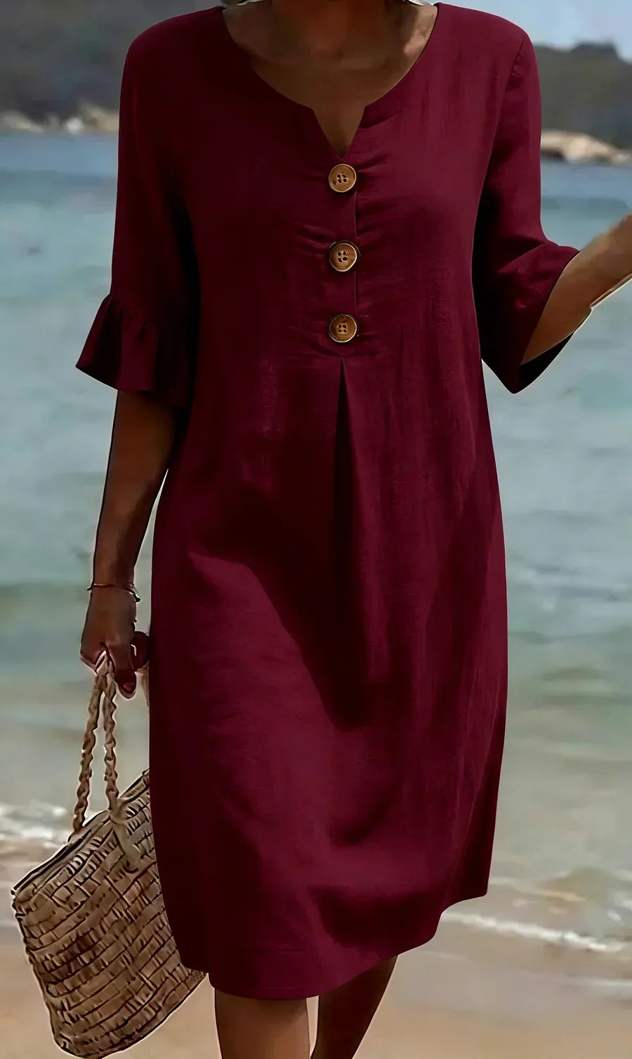 Marlene | Midikleid mit Holzknöpfen und Rüschenärmeln