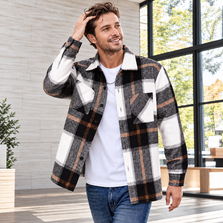 Mats Herren kariertes Langarmhemd mit Brusttaschen und Kentkragen