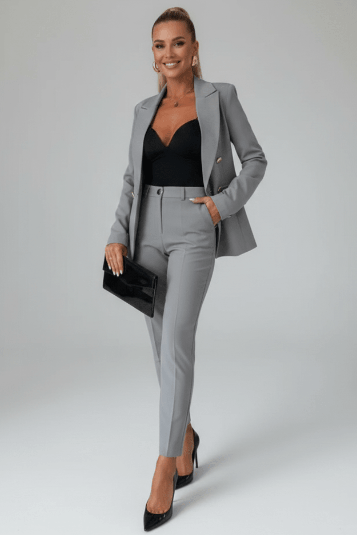 Meike Damen Zweiteiliger Hosenanzug mit zweireihigem Blazer und geradem Bein – Grau