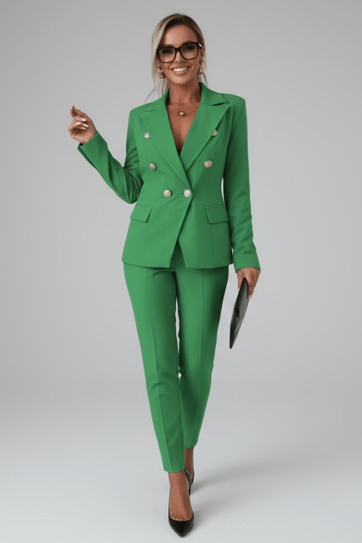 Meike Damen Zweiteiliger Hosenanzug mit zweireihigem Blazer und geradem Bein – Grün