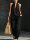 Melanie | Denim Set mit V-Ausschnitt weitem Bein