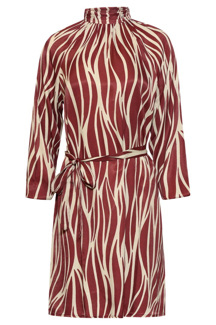 Damen Kleid mit Blätterprint, Stehkragen und Taillengürtel