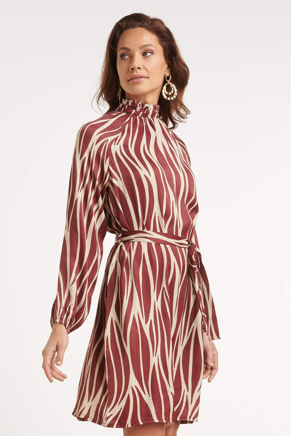 Damen Kleid mit Blätterprint, Stehkragen und Taillengürtel