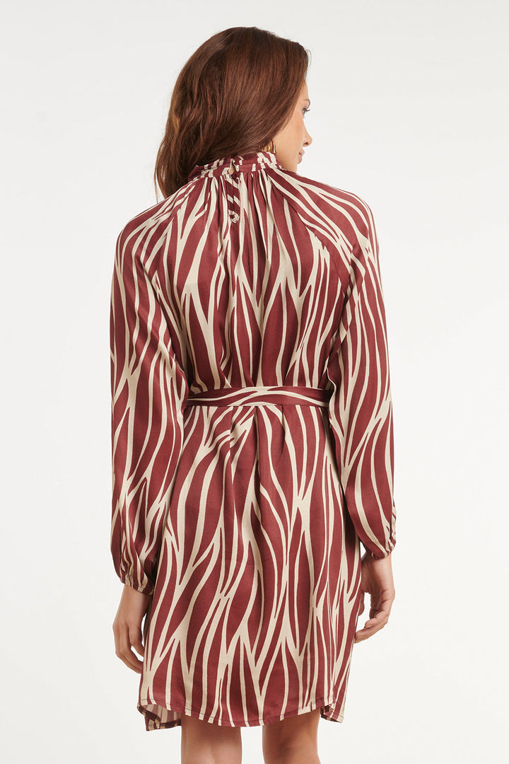 Damen Kleid mit Blätterprint, Stehkragen und Taillengürtel