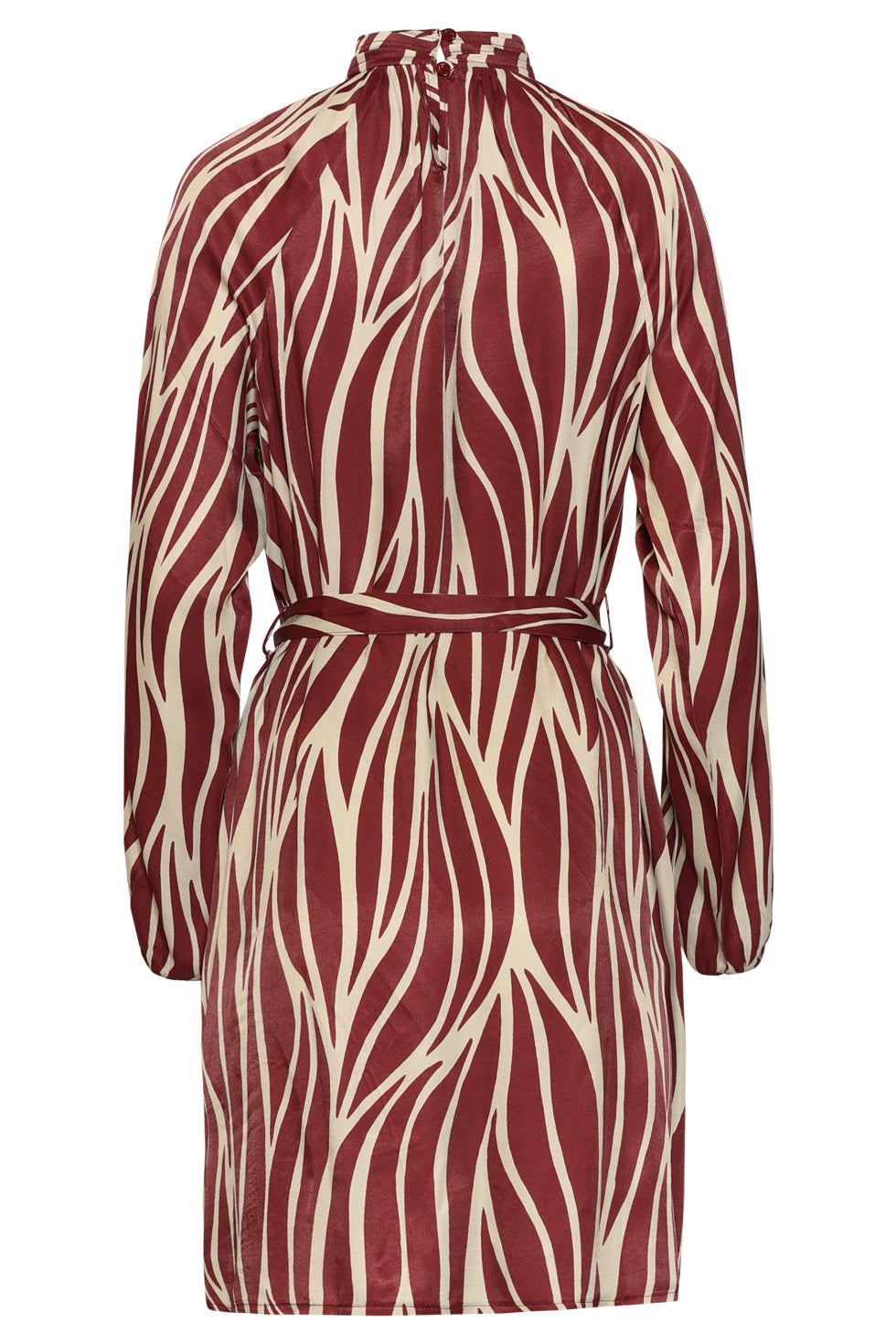 Damen Kleid mit Blätterprint, Stehkragen und Taillengürtel