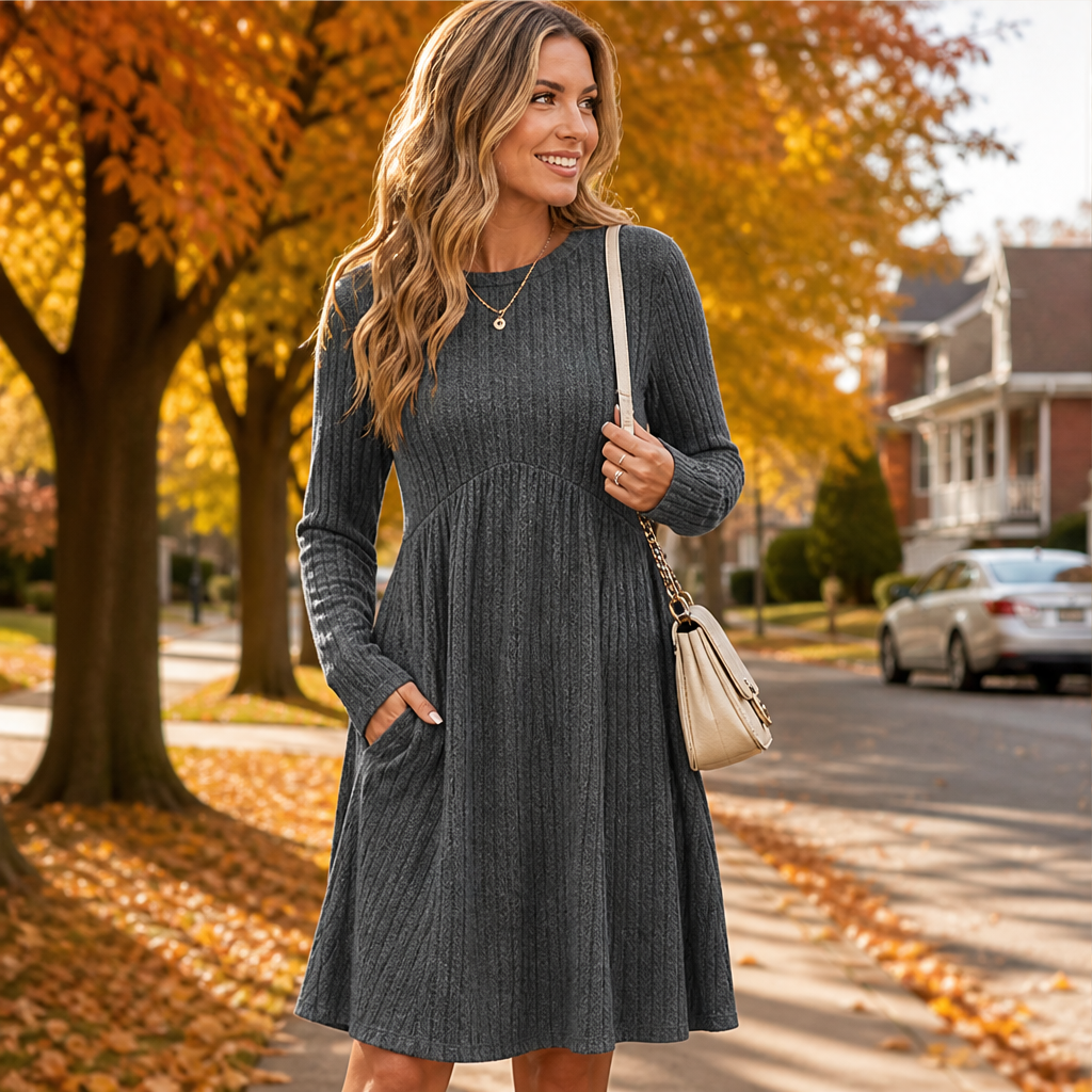 Merle Damen Ripp-Midikleid in A-Linie mit langen Ärmeln und Taschen