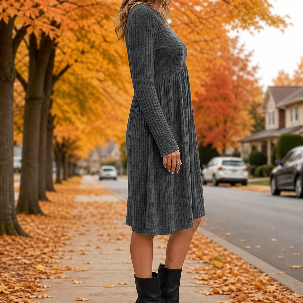 Merle Damen Ripp-Midikleid in A-Linie mit langen Ärmeln und Taschen