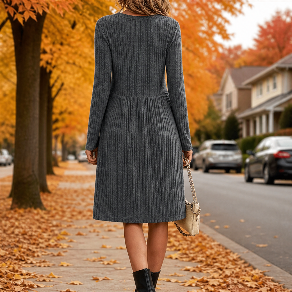Merle Damen Ripp-Midikleid in A-Linie mit langen Ärmeln und Taschen
