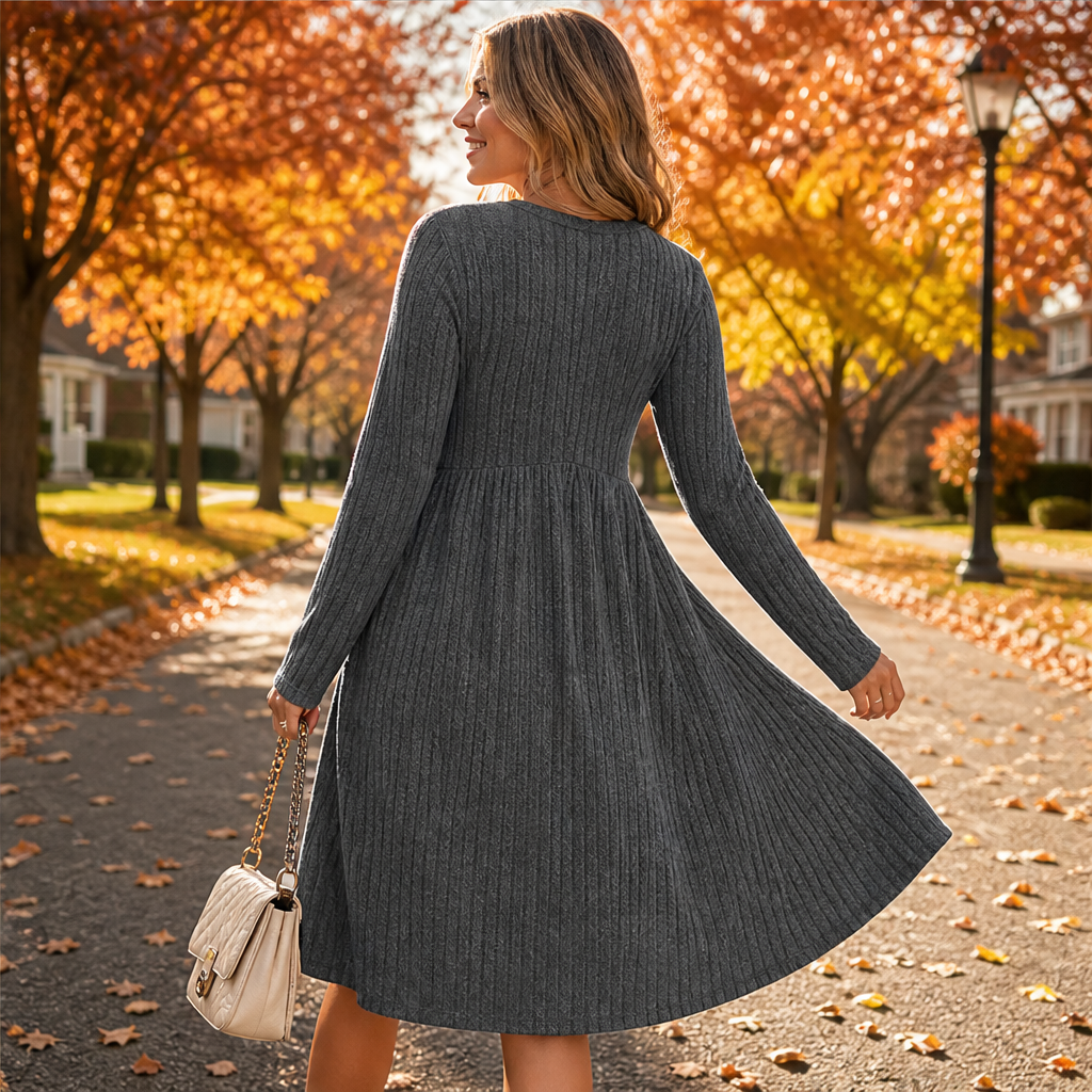 Merle Damen Ripp-Midikleid in A-Linie mit langen Ärmeln und Taschen