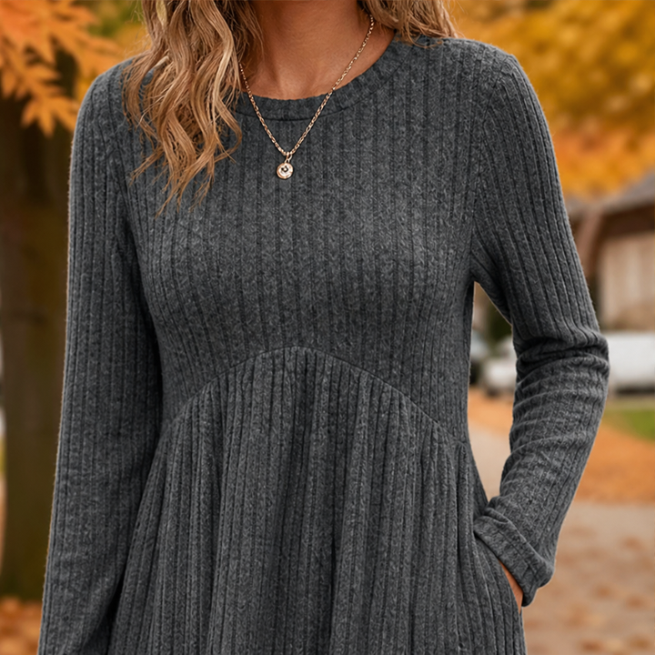 Merle Damen Ripp-Midikleid in A-Linie mit langen Ärmeln und Taschen