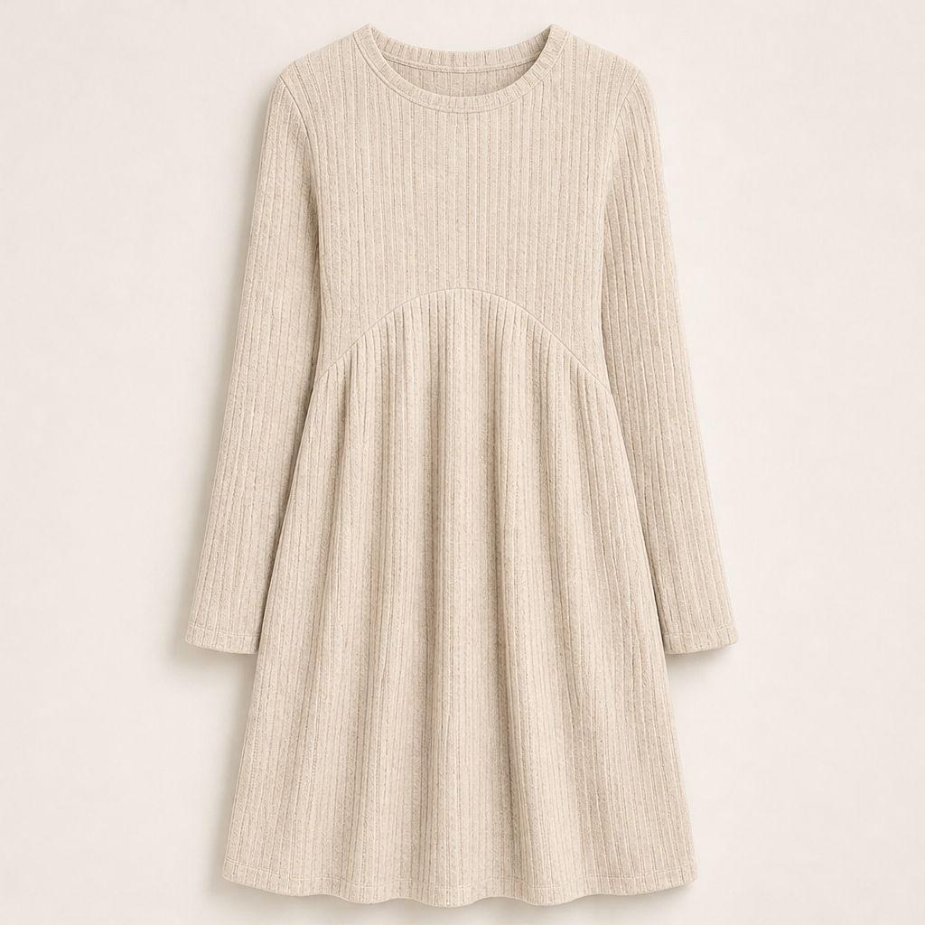 Merle Damen Ripp-Midikleid in A-Linie mit langen Ärmeln und Taschen in Beige
