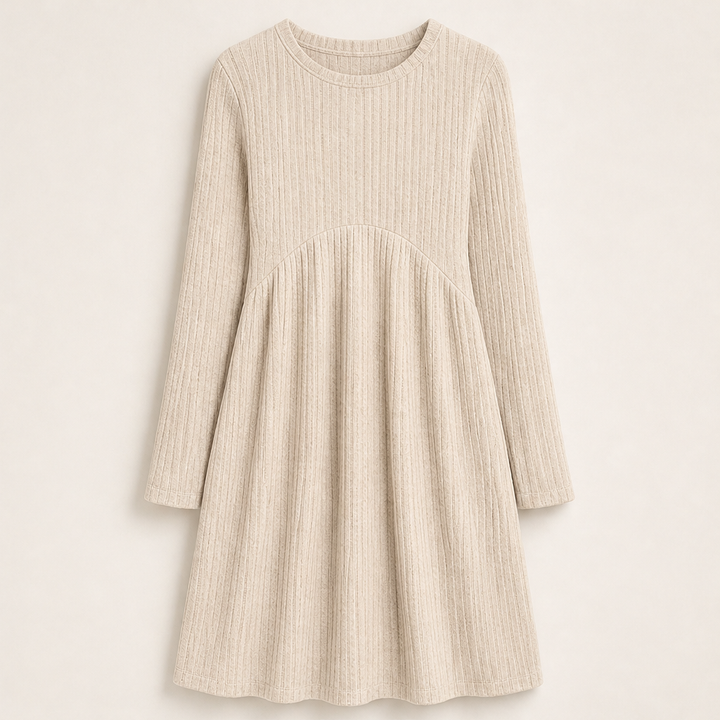 Merle Damen Ripp-Midikleid in A-Linie mit langen Ärmeln und Taschen in Beige