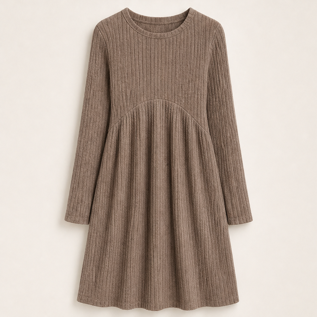 Merle Damen Ripp-Midikleid in A-Linie mit langen Ärmeln und Taschen in Braun
