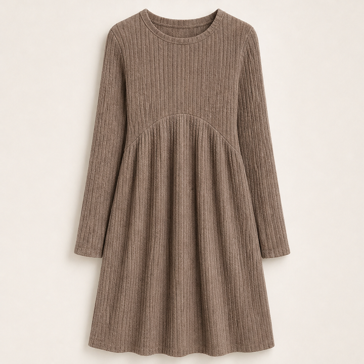 Merle Damen Ripp-Midikleid in A-Linie mit langen Ärmeln und Taschen in Braun