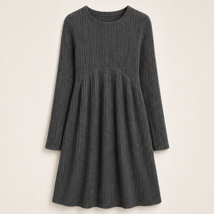 Merle Damen Ripp-Midikleid in A-Linie mit langen Ärmeln und Taschen in Grau
