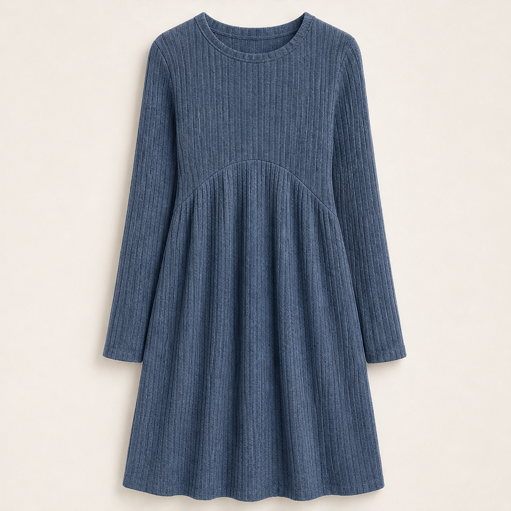 Merle Damen Ripp-Midikleid in A-Linie mit langen Ärmeln und Taschen in Marineblau