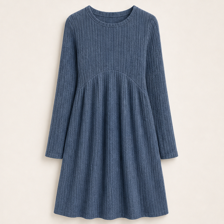 Merle Damen Ripp-Midikleid in A-Linie mit langen Ärmeln und Taschen in Marineblau