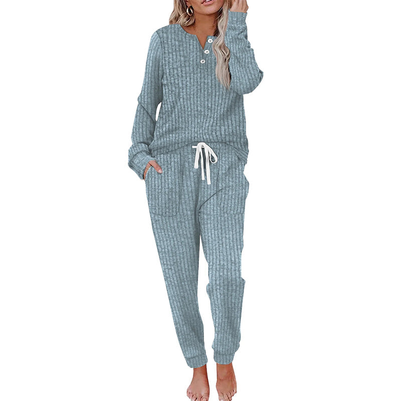 Merle Damen Zweiteiler aus Knopfoberteil und Hose mit Tunnelzug – Blau