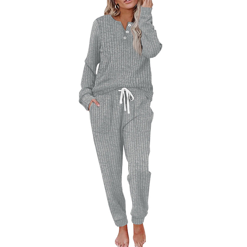 Merle Damen Zweiteiler aus Knopfoberteil und Hose mit Tunnelzug – Grau