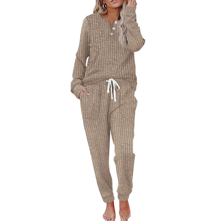 Merle Damen Zweiteiler aus Knopfoberteil und Hose mit Tunnelzug – Khaki