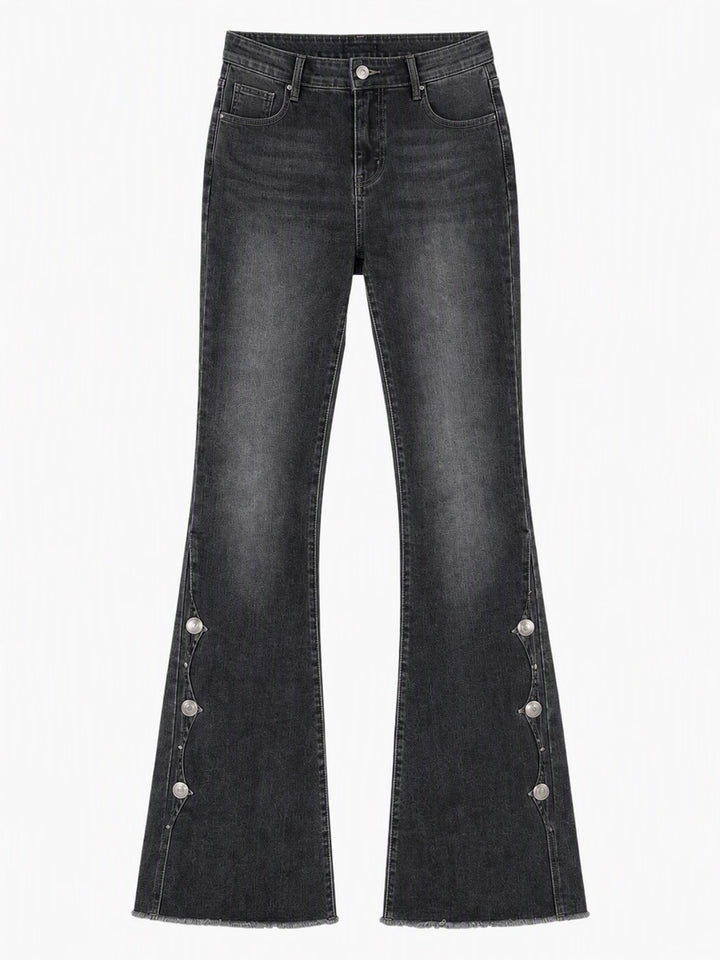 Mila Damen Bootcut-Jeans mit hohem Bund, Used-Details und offenem Saum