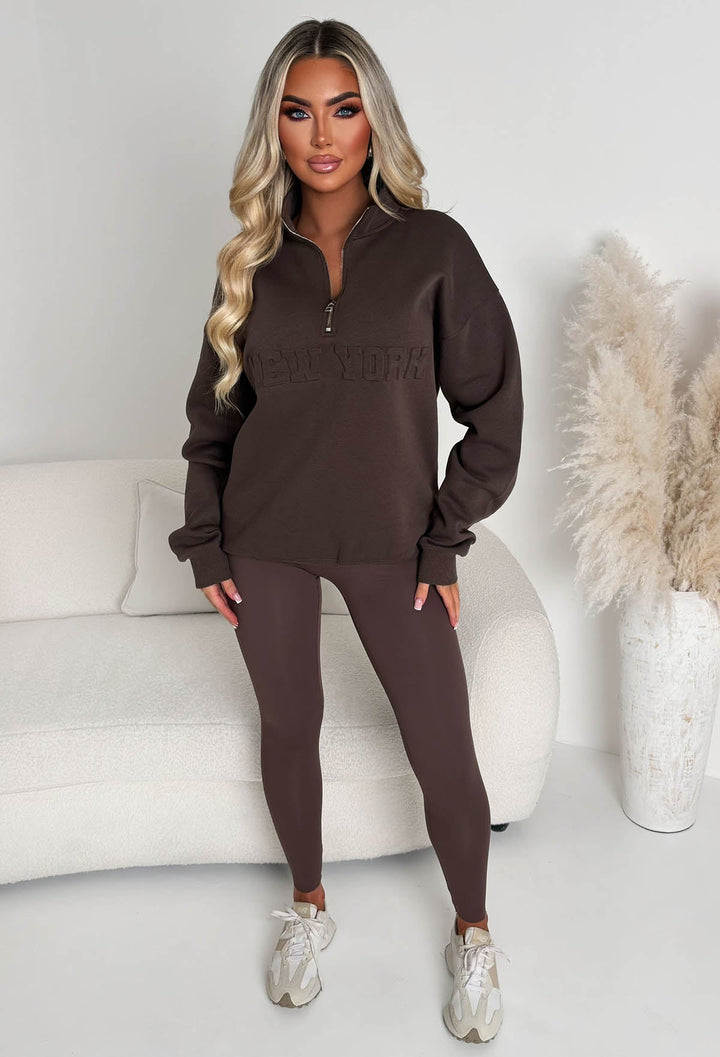 Mila Damen Oversized Sweatshirt mit kurzem Reißverschluss – Braun