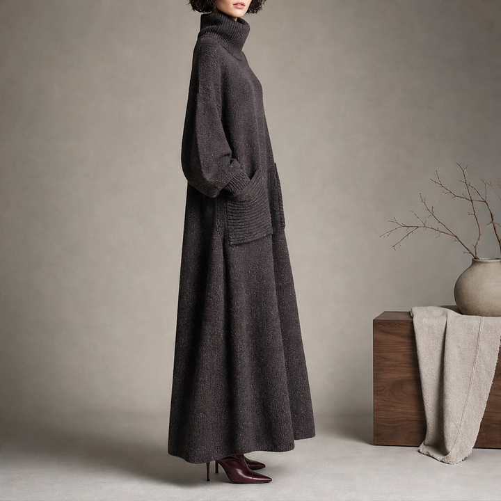 Mila Damen Strick-Maxikleid mit weitem Ausschnitt und langen Ärmeln