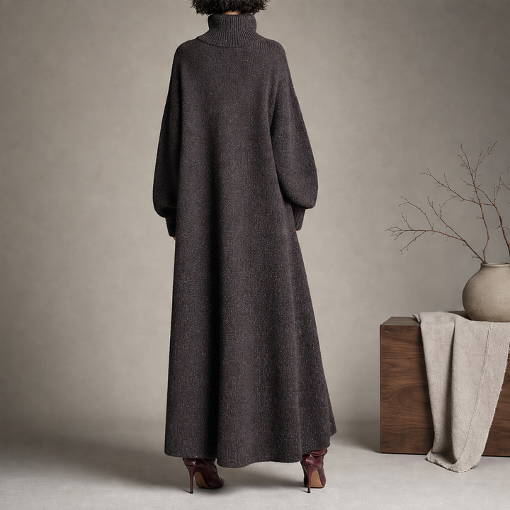 Mila Damen Strick-Maxikleid mit weitem Ausschnitt und langen Ärmeln
