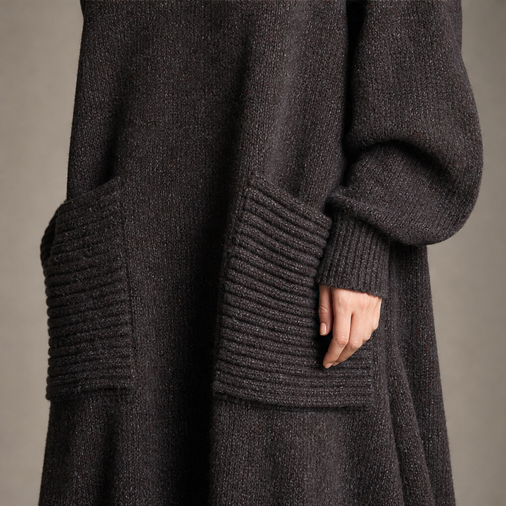 Mila Damen Strick-Maxikleid mit weitem Ausschnitt und langen Ärmeln