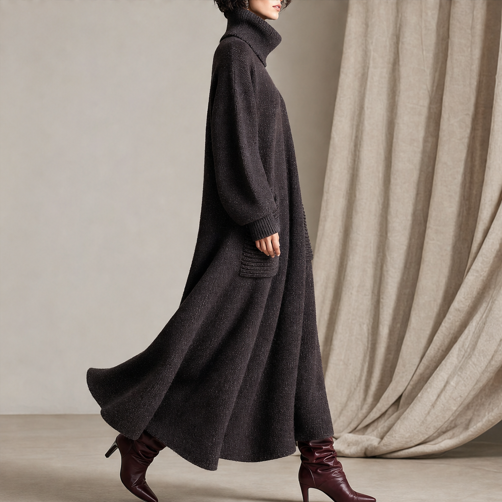 Mila Damen Strick-Maxikleid mit weitem Ausschnitt und langen Ärmeln