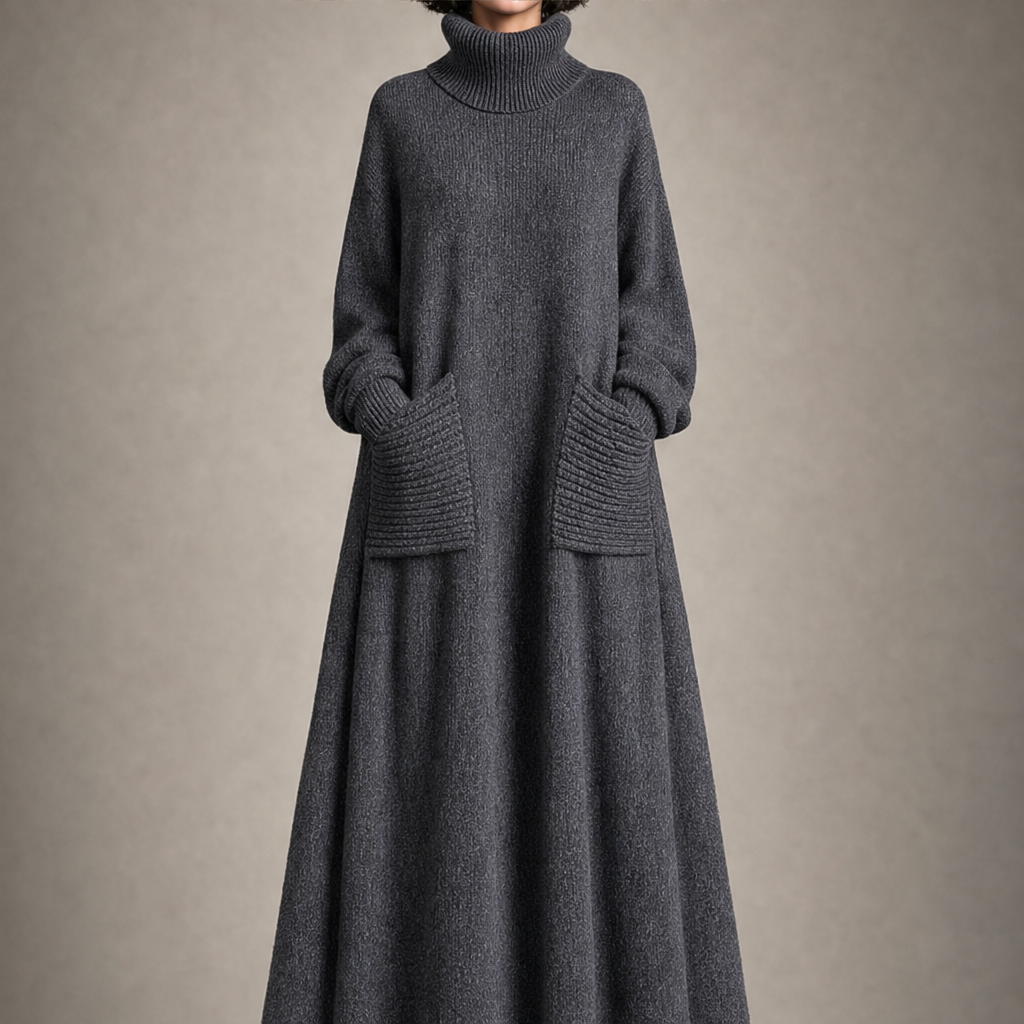 Mila Damen Strick-Maxikleid mit weitem Ausschnitt und langen Ärmeln – Anthrazit
