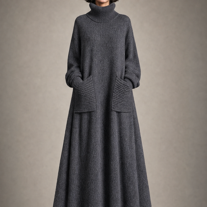 Mila Damen Strick-Maxikleid mit weitem Ausschnitt und langen Ärmeln – Anthrazit
