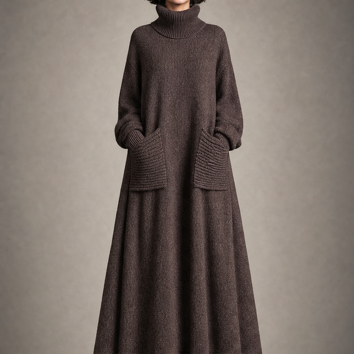 Mila Damen Strick-Maxikleid mit weitem Ausschnitt und langen Ärmeln – Braun
