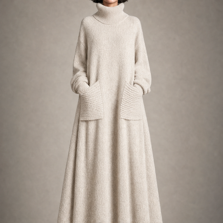 Mila Damen Strick-Maxikleid mit weitem Ausschnitt und langen Ärmeln – Hellbeige