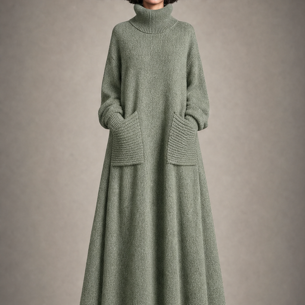 Mila Damen Strick-Maxikleid mit weitem Ausschnitt und langen Ärmeln – Salbeigrün