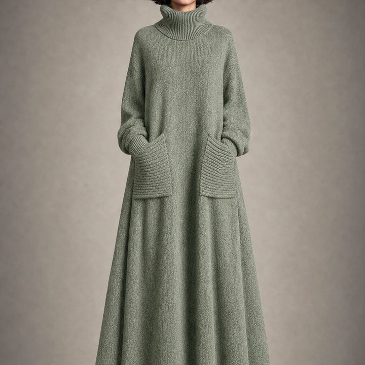 Mila Damen Strick-Maxikleid mit weitem Ausschnitt und langen Ärmeln – Salbeigrün