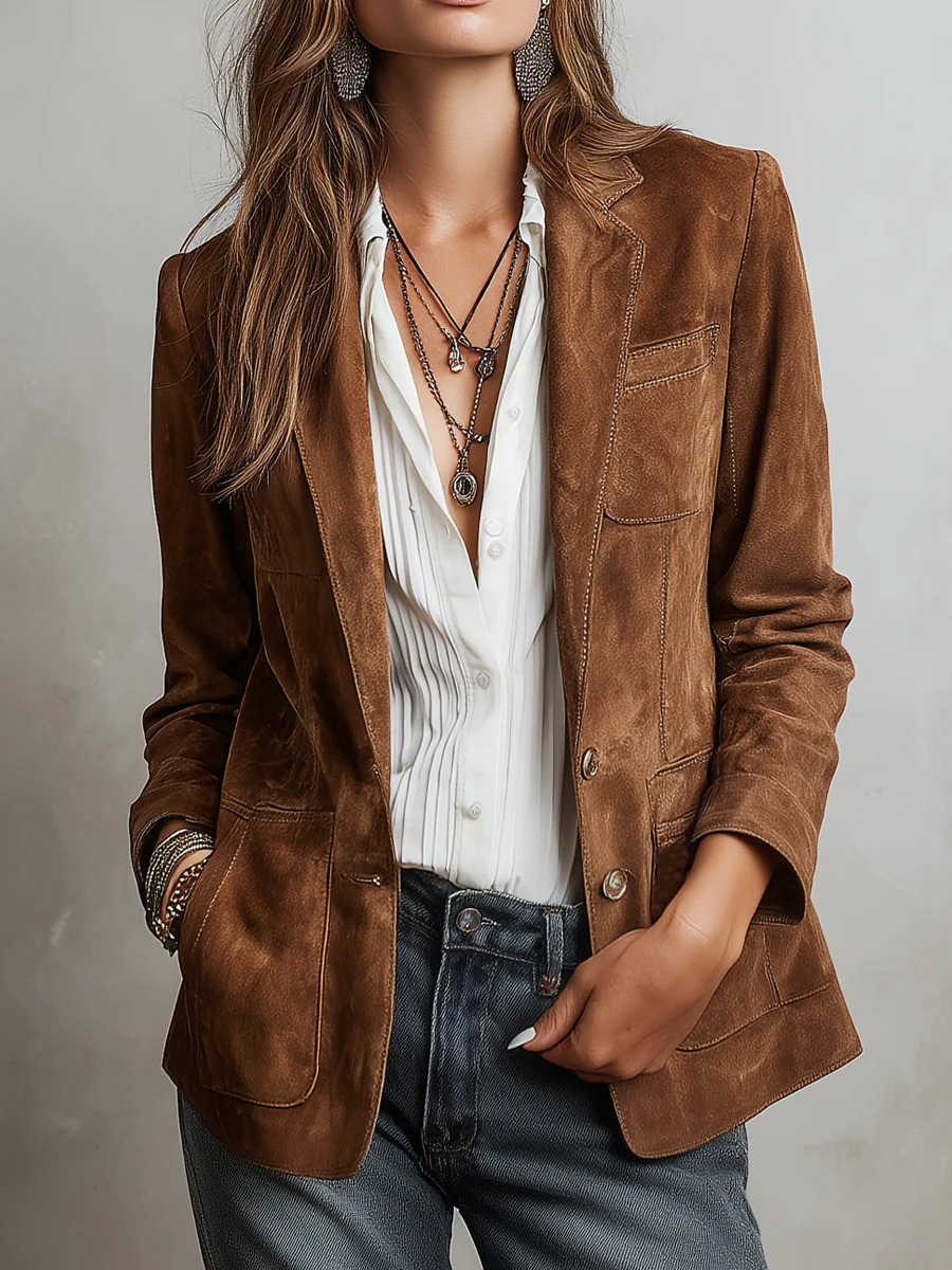 Mila Damen Vintage-Jacke mit Kontrastnähten im Retro-Stil – Braun