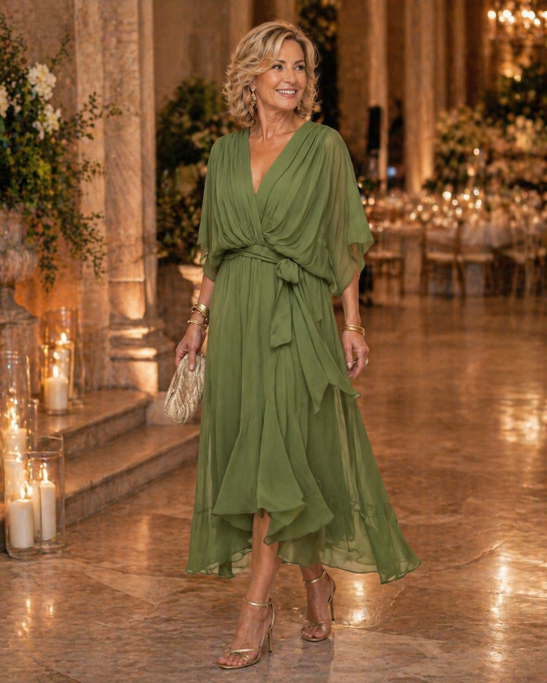 Damen Midikleid mit V-Ausschnitt und Fließendem Schnitt