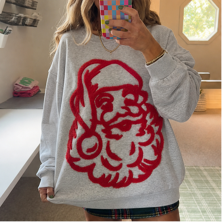 Nele Damen Oversize-Weihnachtssweatshirt mit Weihnachtsmann-Motiv und Rundhals