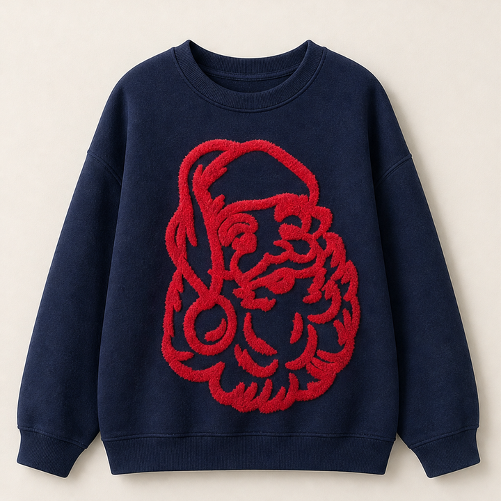 Nele Damen Oversize-Weihnachtssweatshirt mit Weihnachtsmann-Motiv und Rundhals – Marineblau