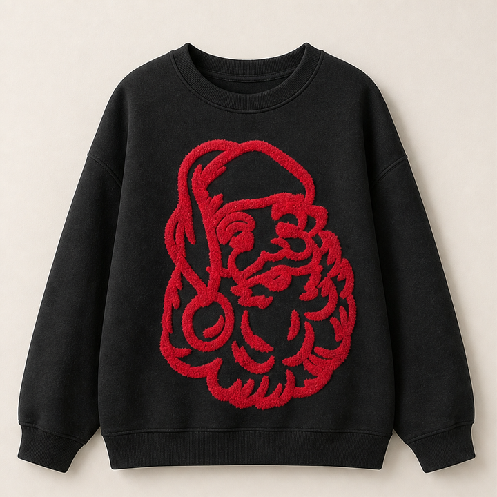 Nele Damen Oversize-Weihnachtssweatshirt mit Weihnachtsmann-Motiv und Rundhals – Schwarz