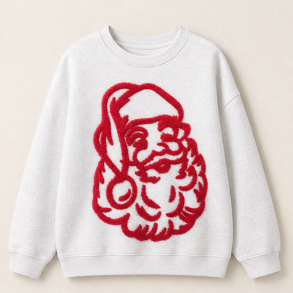 Nele Damen Oversize-Weihnachtssweatshirt mit Weihnachtsmann-Motiv und Rundhals – Weiß