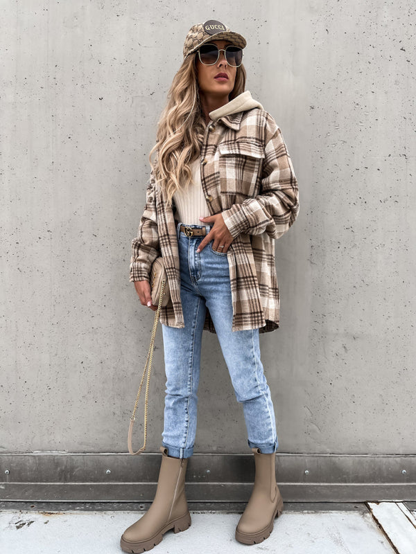 Nora Damen Karierte Hemdjacke mit Kapuze und Brusttaschen
