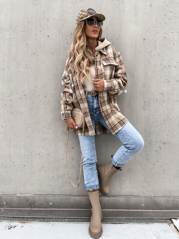 Nora Damen Karierte Hemdjacke mit Kapuze und Brusttaschen