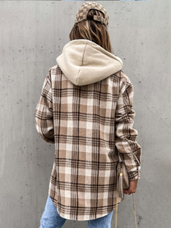 Nora Damen Karierte Hemdjacke mit Kapuze und Brusttaschen