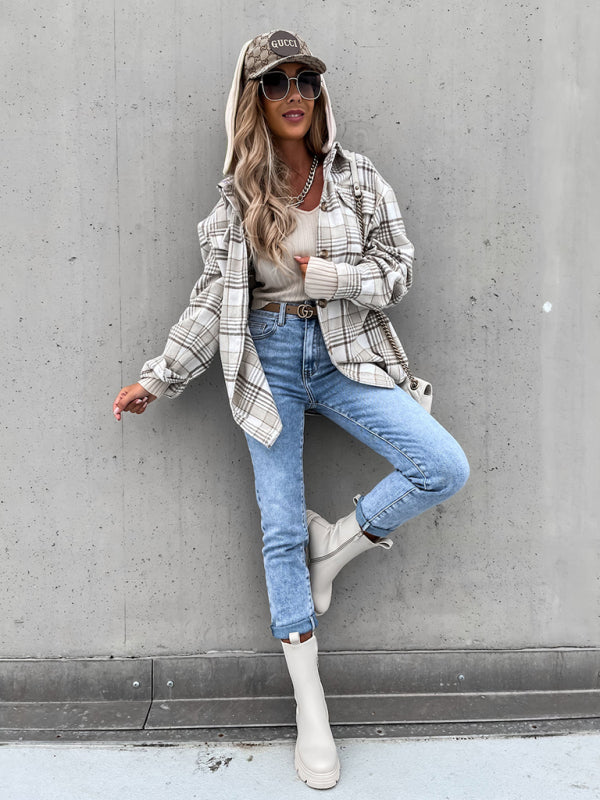 Nora Damen Karierte Hemdjacke mit Kapuze und Brusttaschen