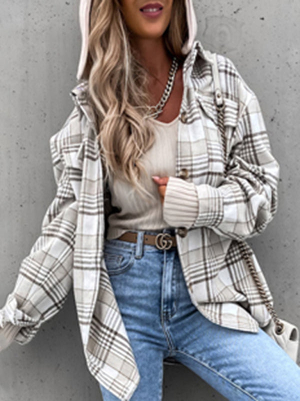 Nora Damen Karierte Hemdjacke mit Kapuze und Brusttaschen – Grau