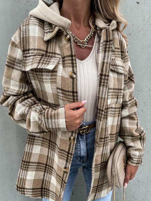 Nora Damen Karierte Hemdjacke mit Kapuze und Brusttaschen – Khaki